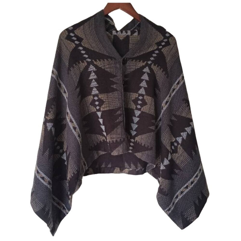 Aztec Print Button Front Boho Shark Bite Poncho W… - image 1